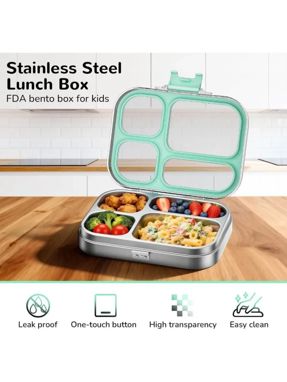 Eco-Friendly Stainless Steel Bento Lunch Box, 800ml, Green - Perfect for Meal